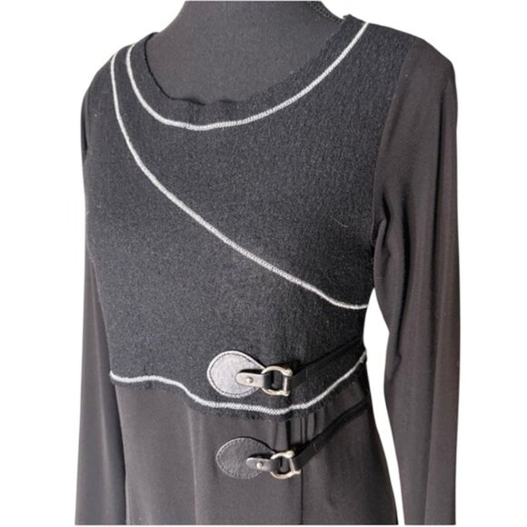 Black Long Sleeve Midi Dress Wool Bodice Horse Bit Buckle Detail Zipper Raw Hem - Picture 1 of 11